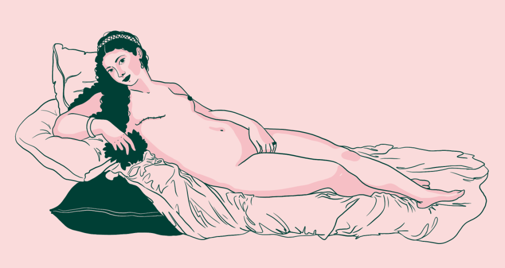 Une femme nue, longs cheveux noirs en cascade est allongée sur des coussins, la main sur le sexe, un de ses seins a subi une mastectomie.